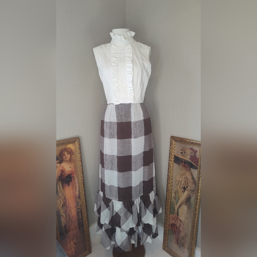 1970s Leslie Fay A-Line Skirt in Brown and White Checkered